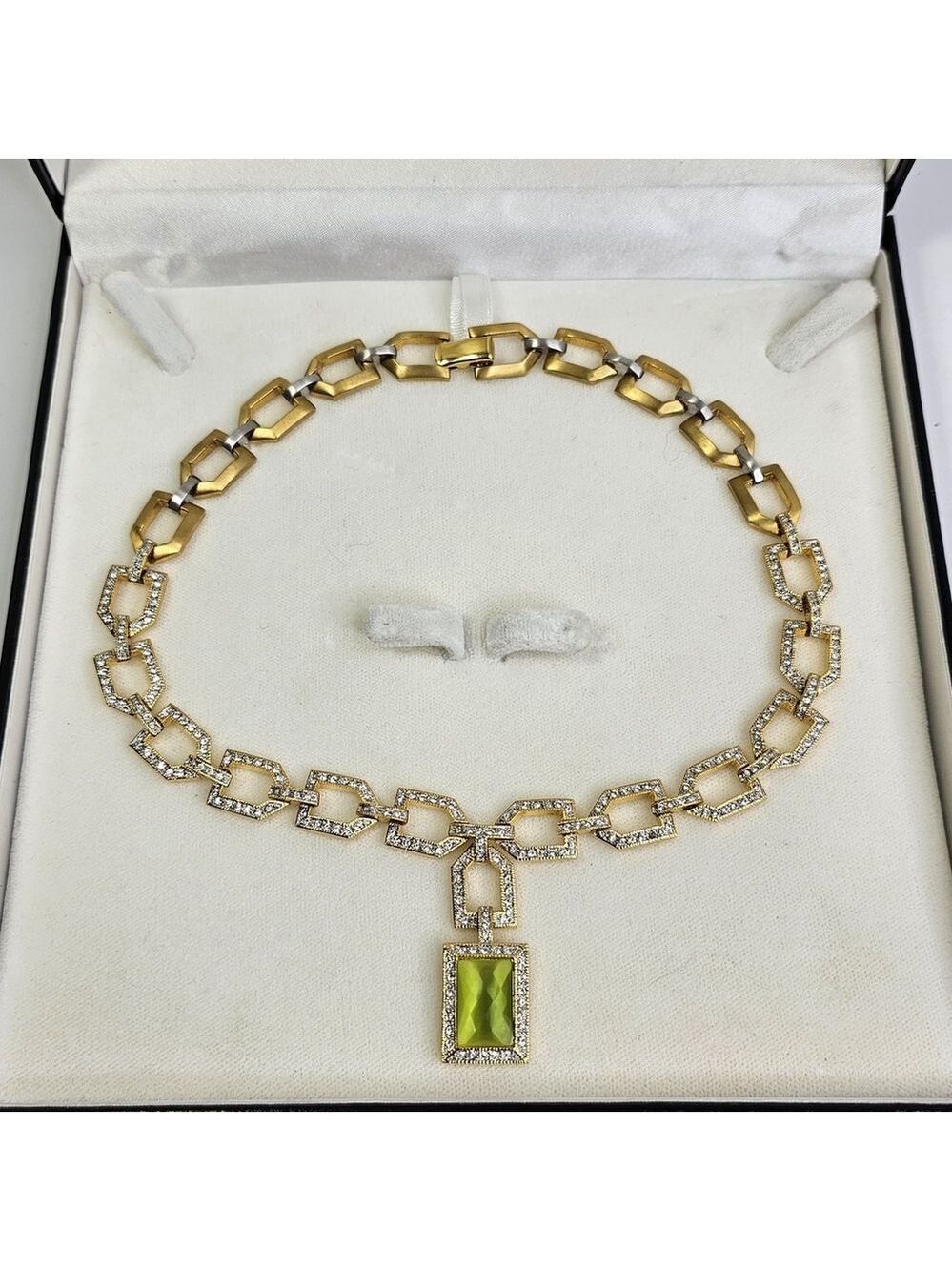 Vintage Butler Green Pendant Link Necklace Gold And Silver Tone & Rhinestone 51g